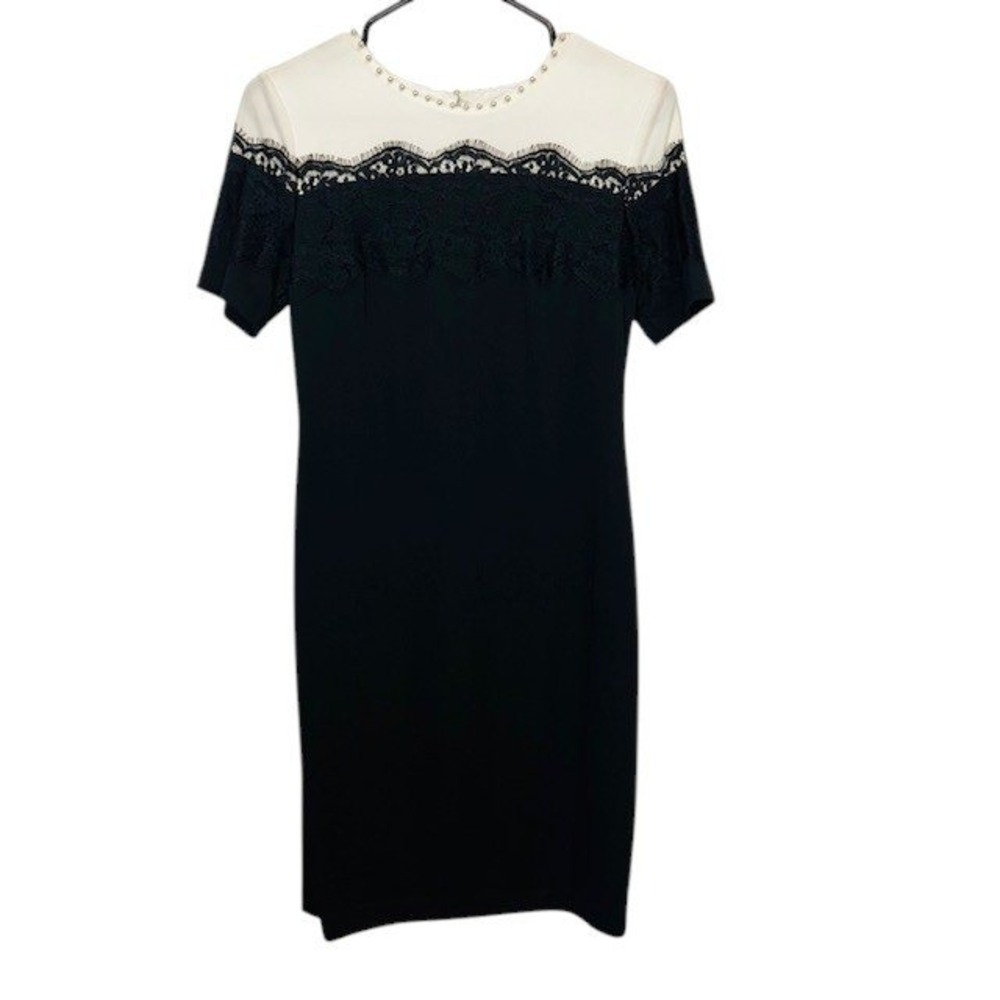 NWT Karl Lagerfeld‎ Black Dress Lace Detail Pearl Neckline Short Sleeve  Sz 4